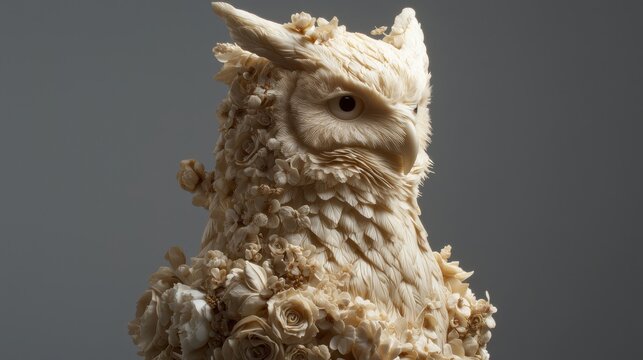 Intricate owl sculpture crafted from floral materials in a creative exhibition setting