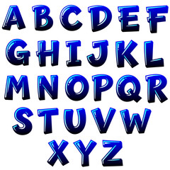 Bold and glossy vector 3D comic alphabet set (blue), playful bubble gum or glossy rubber font blue vector letters
