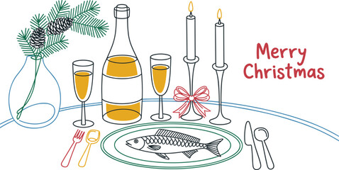 Christmas Dinner Setting With Champagne Fish Candles And Pine Branches Keywords: christmas, dinner, setting, table, champagne, bottle, glasses