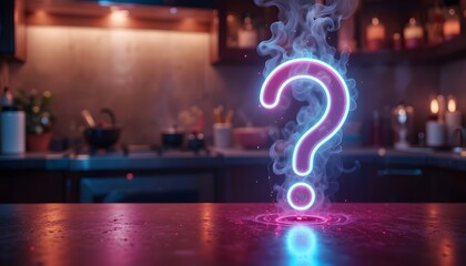glowing pink and blue neon question mark on kitchen counter, ethereal smoke, domestic curiosity, home mystery concept