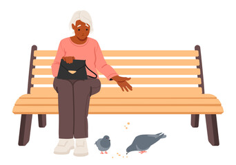 Sad retired woman cartoon character sitting on bench feeding pigeon birds feeling loneliness