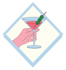 Hand Holding a Martini Glass with Olives Against a Diamond Frame cocktail drink
