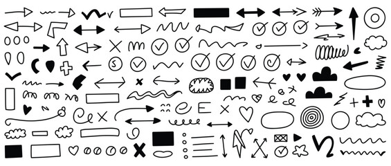 Large Collection of Hand- Drawn Arrows, Checkmarks, Hearts, Clouds, and Geometric Shapes hand drawn doodle © Emon