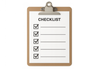 Clipboard checklist with completed tasks and check marks, representing project success, planning, and organization on transparent background