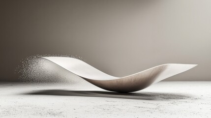 Modern art piece displays flowing curve with particles in motion against simple backdrop