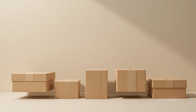 Cardboard boxes of various sizes are displayed in a simple arrangement against a light background. Soft shadows enhance their geometric forms and create a calm atmosphere