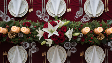 Elegant holiday table setting with floral centerpiece featuring white linens and gold cutlery perfect for Christmas or Thanksgiving dinner