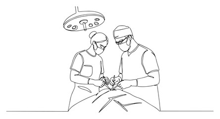 Surgical operation, doctors performing procedure under lamp, continuous line medical scene