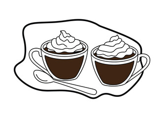 Two Cups of Coffee with Whipped Cream and a Spoon on a White Background mugs hot drink