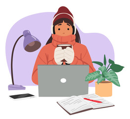 Young woman studying or working online via laptop while feeling cold in absence of heating at home