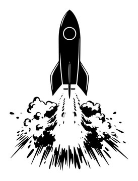 Rocket launch with smoke trail, retro spacecraft blasting off, dynamic astronomy exploration graphic