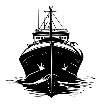 Ocean liner bow view, large cruise ship front silhouette cutting water, maritime transport icon
