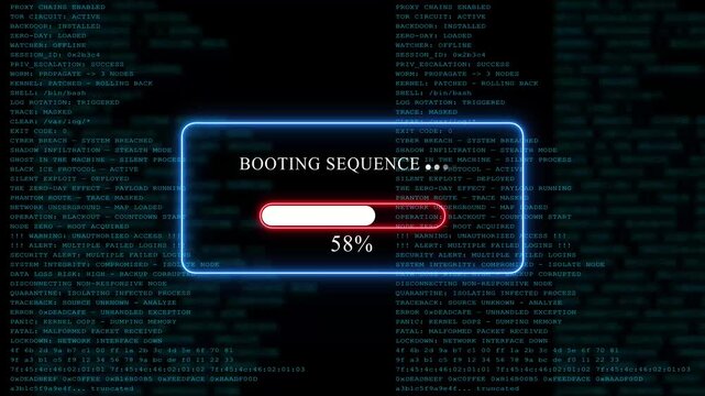 Yellow glowing progress bar shows 100% percent of booting sequence on a background of computer code programming
