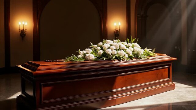 Wooden casket adorned with white flowers in a dimly lit setting  