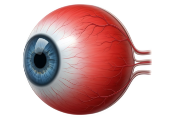 Close up view of a detailed human eyeball with blue iris and visible blood vessels