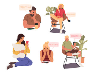 Sad people in love cartoon characters waiting for phone call feeling being ignored and rejected