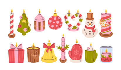 Christmas candles glowing with warm holiday light and festive decoration isolated hand drawn set