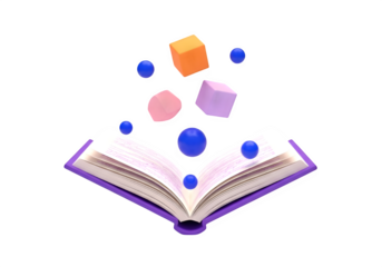 Magical open book levitating geometric shapes and glowing orbs emanating knowledge and creativity