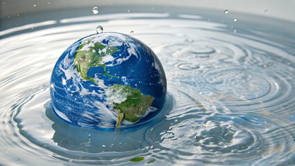 A globe depicting Earth floats in water as droplets fall, creating ripples across the surface. This calm scene highlights the beauty of our planet and its interactions with water