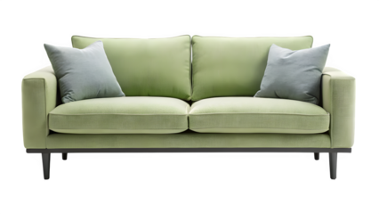 Modern two-seater sofa with plush light green upholstery and decorative pillows for contemporary homes