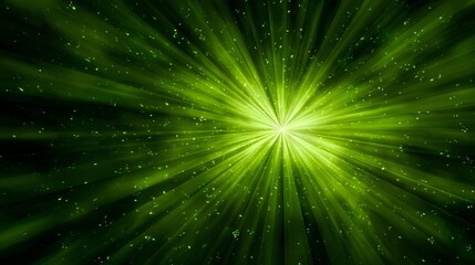 Naklejka premium Vibrant green light rays burst outwards from a bright center, creating a dynamic, energetic, and magical abstract background effect with sparkling particles.