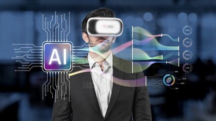 A businessman is immersed in a virtual reality experience within a modern office environment,...