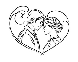 Elegant Black and White Line Art Illustration of a Romantic Couple in a Heart Shaped Frame Symbolizing Love and Commitment for Wedding Invitations