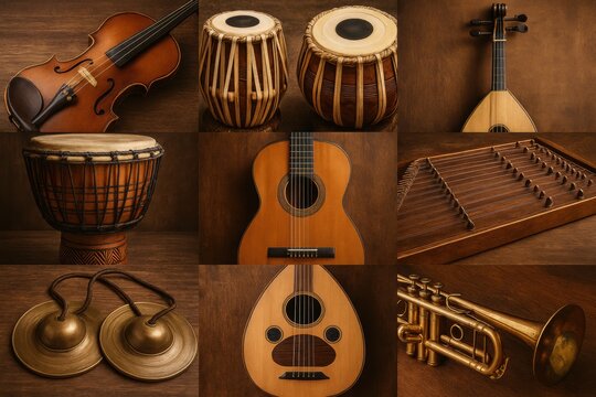 A Collage of Traditional Musical Instruments Featuring Strings, Percussion, and Brass