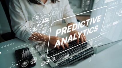 Business Professional Engaging with Predictive Analytics Tools at Modern Workspace with Technology...