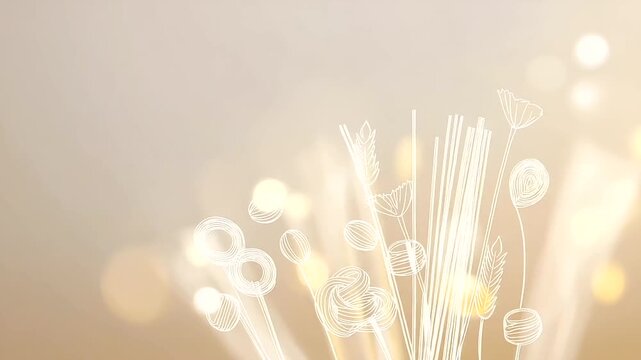 Defocused minimalist line art composition of various pasta outlines arranged in gentle balance, clean vector aesthetic, with copy space