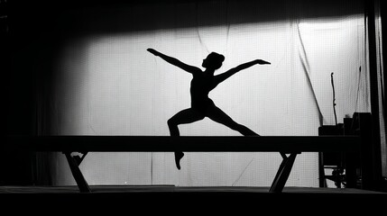 Graceful gymnast silhouette performs dynamic balance beam routine, showcasing strength and athleticism in dramatic lighting