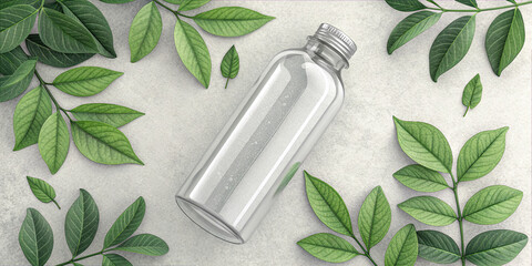 A clear plastic bottle is placed on a smooth stone surface, surrounded by an array of vibrant green leaves. The scene depicts a natural and clean aesthetic