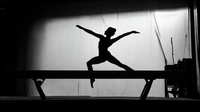 Graceful gymnast silhouette performs dynamic balance beam routine, showcasing strength and athleticism in dramatic lighting