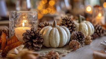 Elegant Thanksgiving table centerpiece with pumpkins and candles