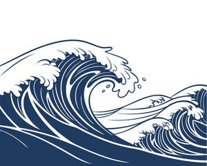 Stylized Ocean Wave Illustration in Dark Blue and White with Curving Lines and Dynamic Energy Depiction