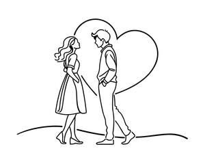 Minimalist Line Art Illustration of a Couple in Love with Heart Shape Background Simple Romantic Concept for Valentines Day