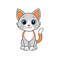 A funny cartoon kitten illustration with big eyes, happy and adorable, is sitting and showing its tail