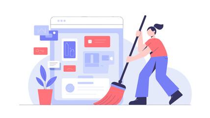 Woman cleaning digital interface with broom representing website maintenance and data organization for a tidy online presence