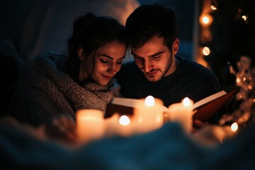 A young couple enjoys a warm evening reading a book together by soft candlelight, sharing a cozy moment indoors.