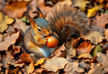 Fototapeta premium A tiny squirrel clutching an acorn, nestled in fallen leaves, autumn, forest animal
