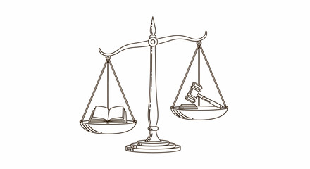 Scales of justice balance a book and a gavel, representing law and knowledge.
