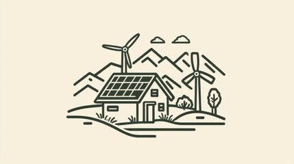 Fototapeta premium Modern sustainable home with solar panels and wind turbines set against a scenic mountain backdrop