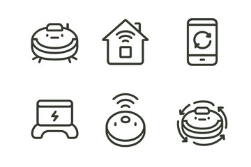Smart home gadgets: robot vacuum, smart home icon, smartphone update, charging dock, wifi hub, automation
