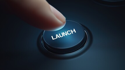 Finger Pressing Large Glowing Launch Button on Sleek Console, Minimalist Technology Concept with Negative Space, Powerful Action and Futuristic Interface