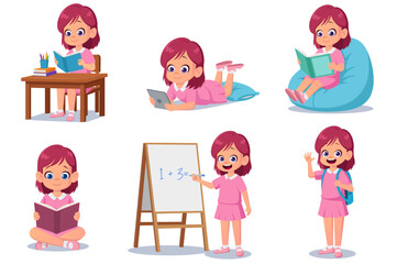 Cartoon School Girl Studying in Various Poses, Sitting on a Desk, Floor, writing on a White Board, studying on tablet Vector Illustration
