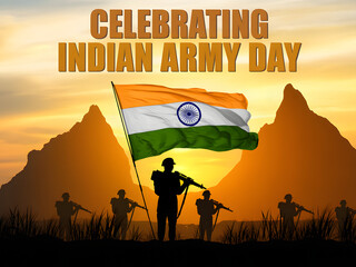 indian army day celebration with flag and soldiers in silhouette