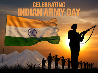 celebrating indian army day with soldiers and flag against sunset