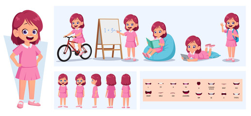 Cartoon Little Girl Character Constructor with Gestures, Emotions and Actions. Child Front, side, Back View. Movable Body Parts for Animation and Lip-Sync Vector Illustration.