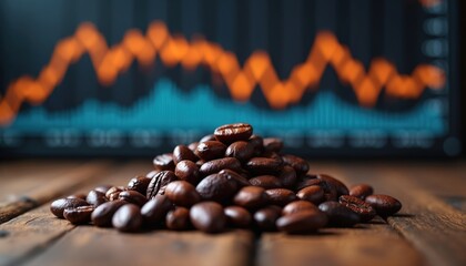Pile of fresh roasted cocoa beans sits on wooden table. Blurred background shows rising orange line graph on dark monitor. Business finance chart visualizes coffee commodity market growth.