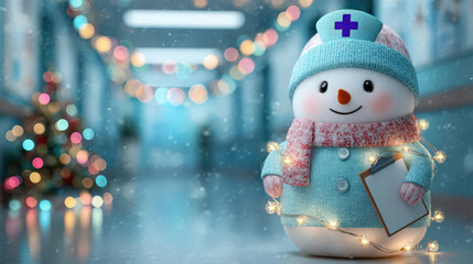 A cheerful snowman dressed as a nurse stands in a brightly lit hospital corridor. The snowman wears a blue outfit and holds a clipboard, surrounded by festive decorations.